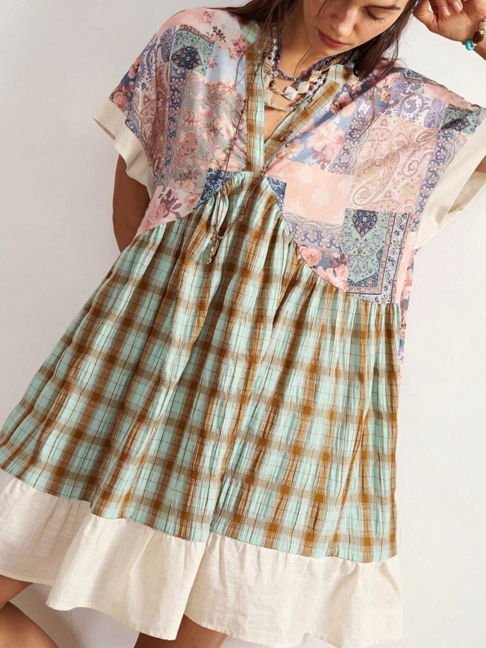 Boho Floral Plaid Print V neck Short Sleeve Dress - Picture 6 of 6